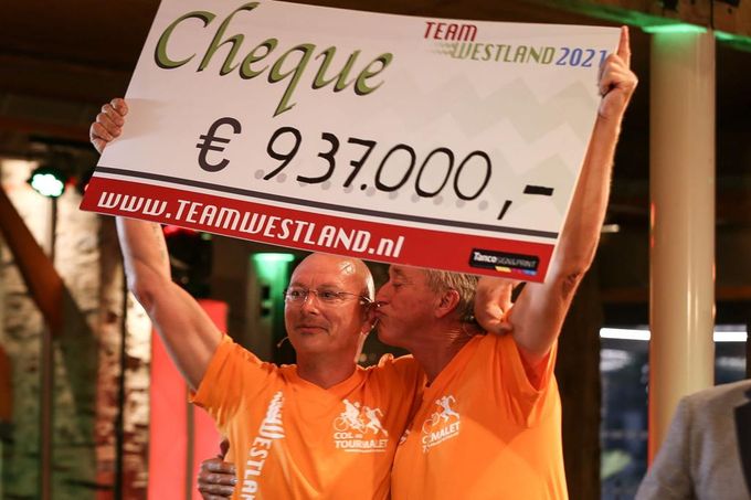 Dirk Huis en René Beukers houden op de laatste dag in Frankrijk de cheque met het totaalbedrag, een recordbedrag, omhoog. Het grote verdelen kan beginnen. Niets blijft aan de  strijkstok hangen.