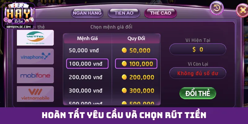 Điền số tiền tương ứng muốn rút về